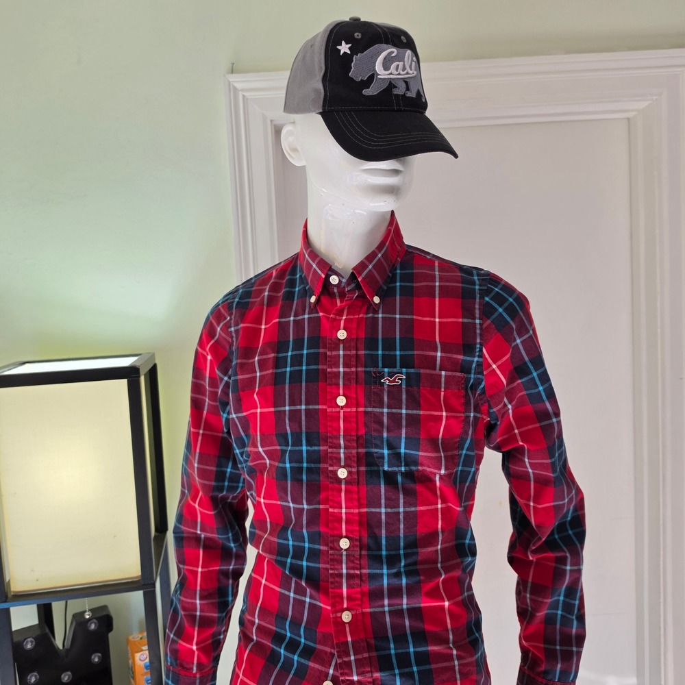 Hollister Mens Large Red Blue Plaid Button Down Long Sleeve Shirt Seagull Logo